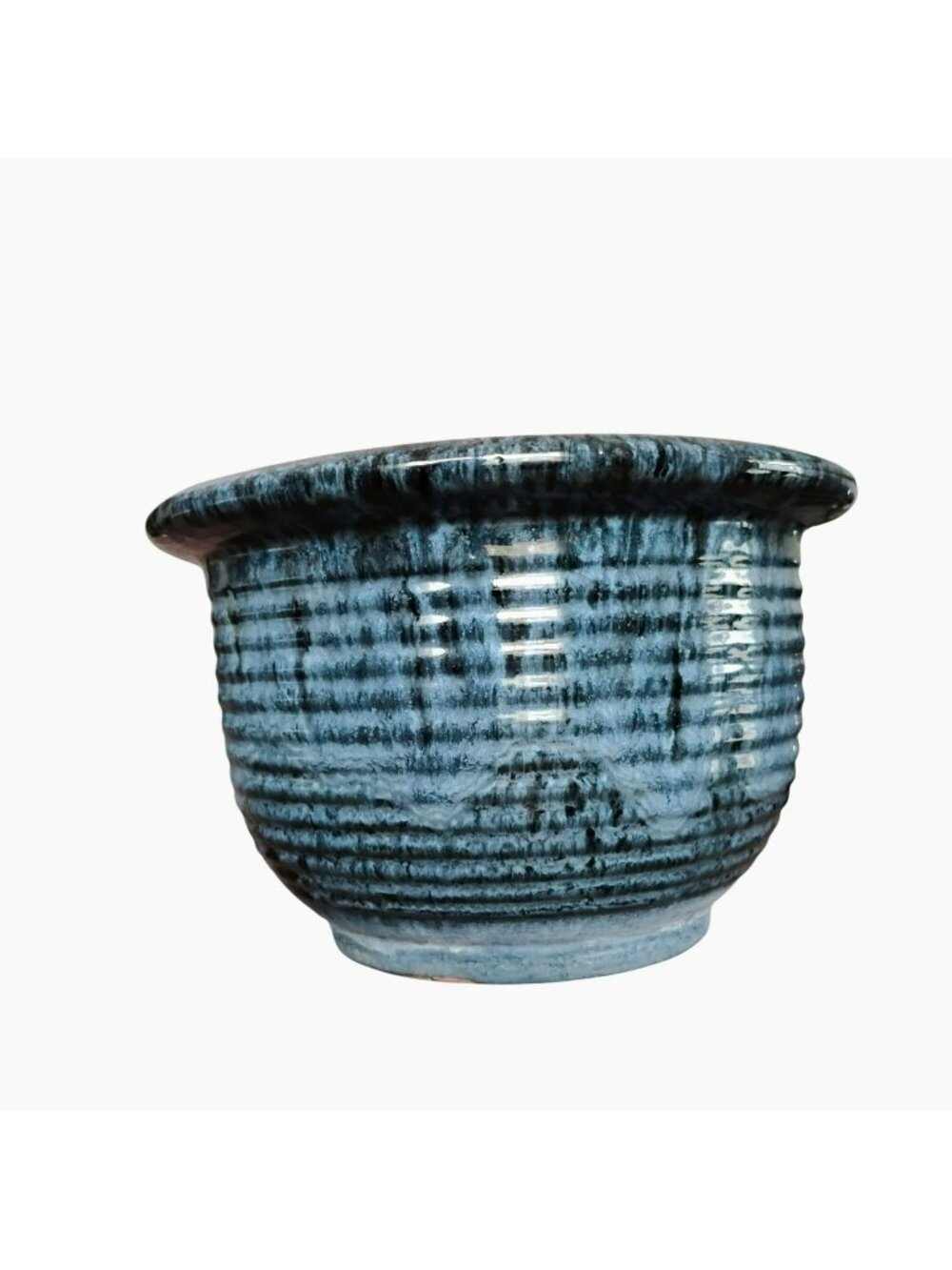 Blue Glazed Terracotta Planter Pot With Ribbed Textured Finish 9.5" Indoor/Outdo